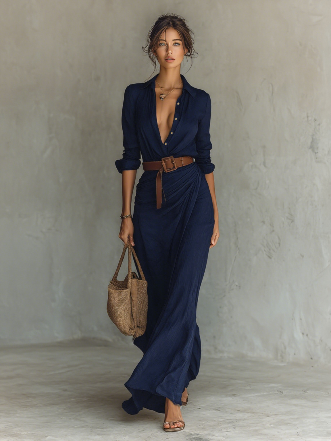 Ladies Lapel Maxi Dress