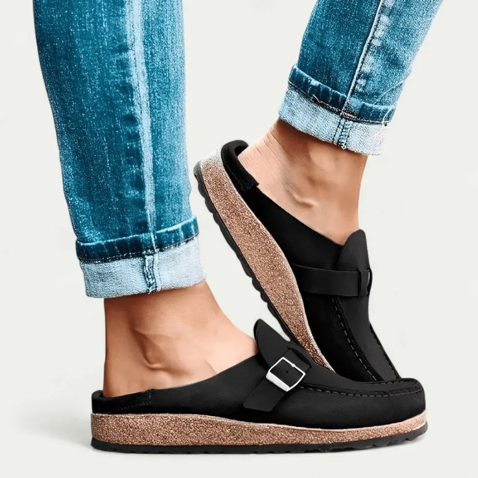 Women's Comfort Suede Mules with Buckle Detail