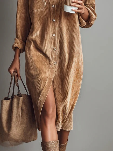 Loose Corduroy Breasted Midi Dress