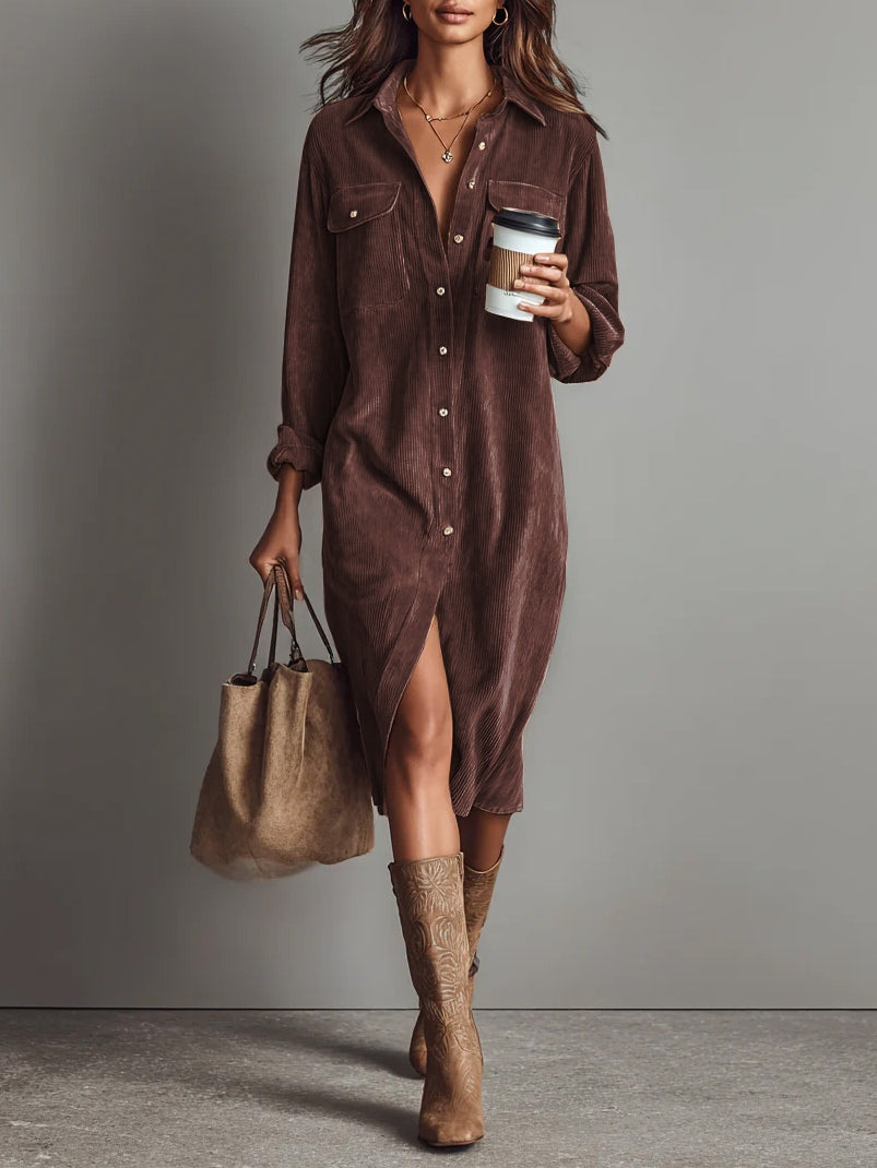 Loose Corduroy Breasted Midi Dress