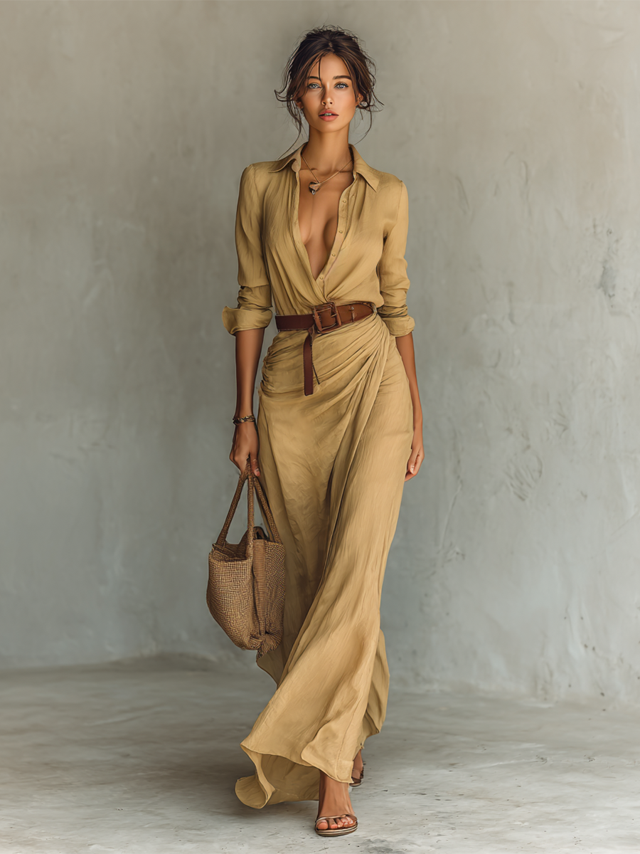 Ladies Lapel Maxi Dress