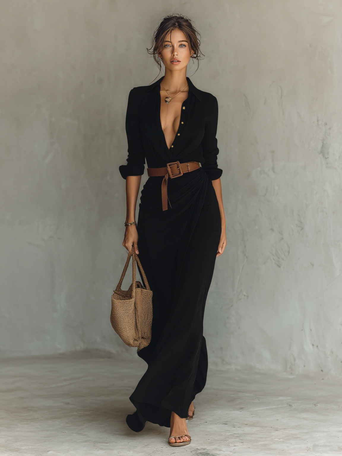 Ladies Lapel Maxi Dress