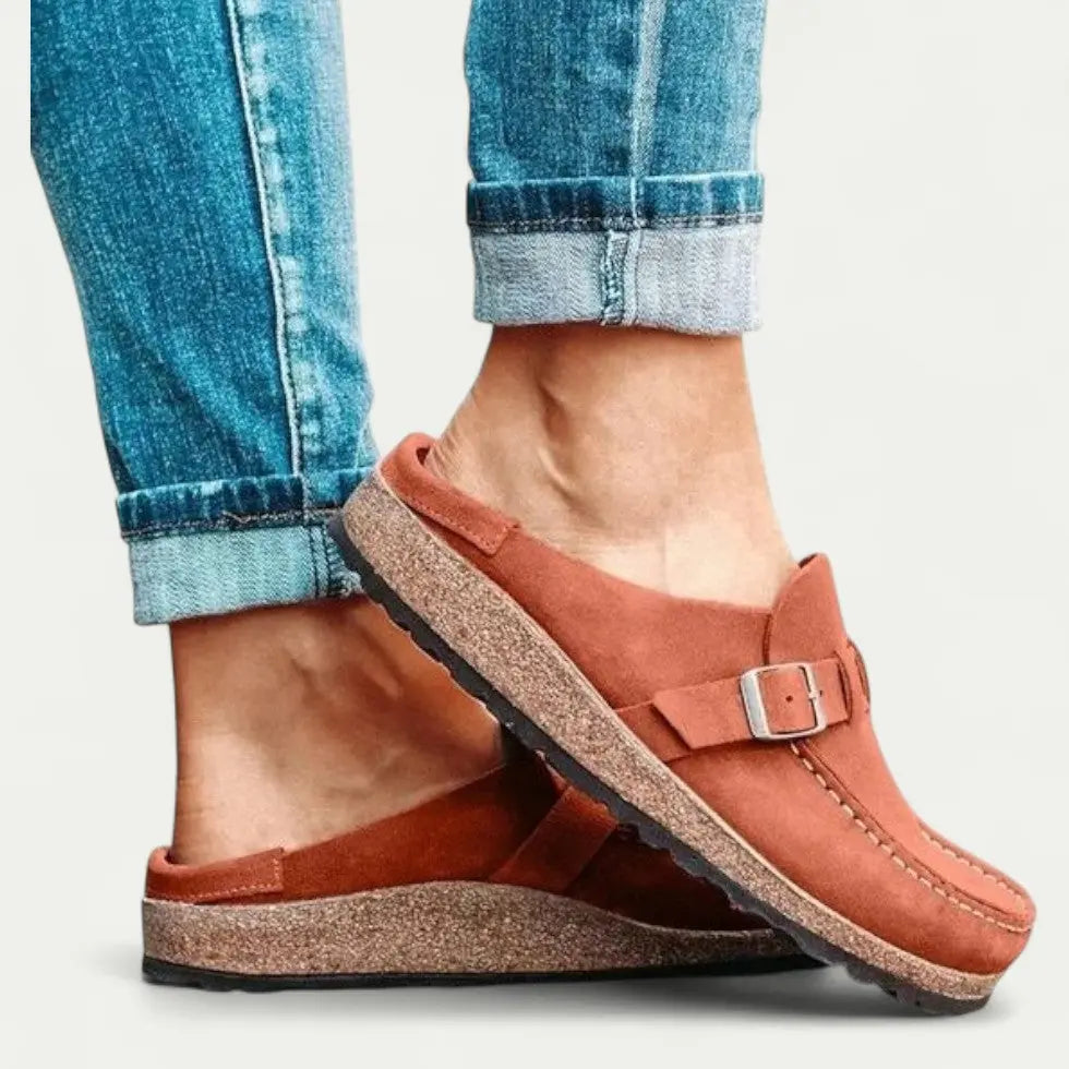 Women's Comfort Suede Mules with Buckle Detail